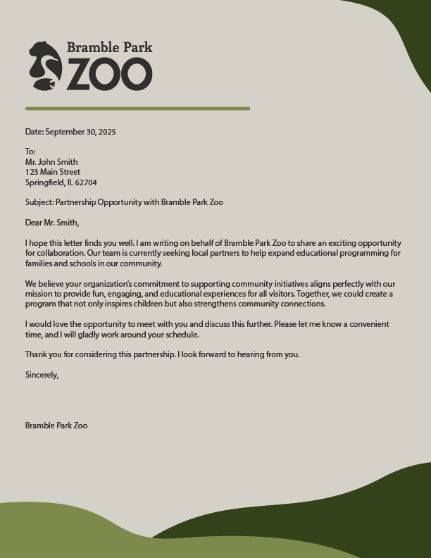 Bramble Park Zoo letterhead
